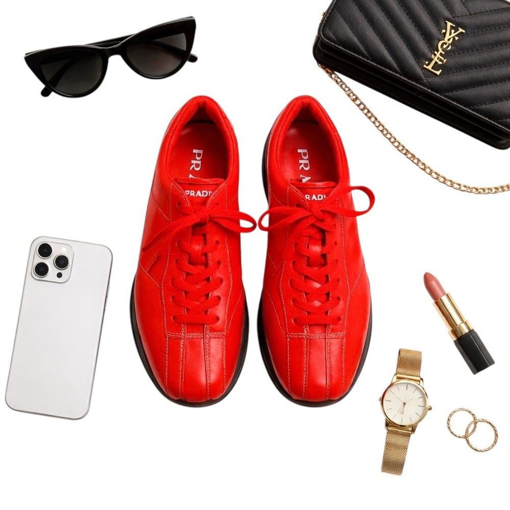 Prada Vintage Red Leather Sneakers Women's Size 8 Lace-Up Low Top Logo Sole GUC